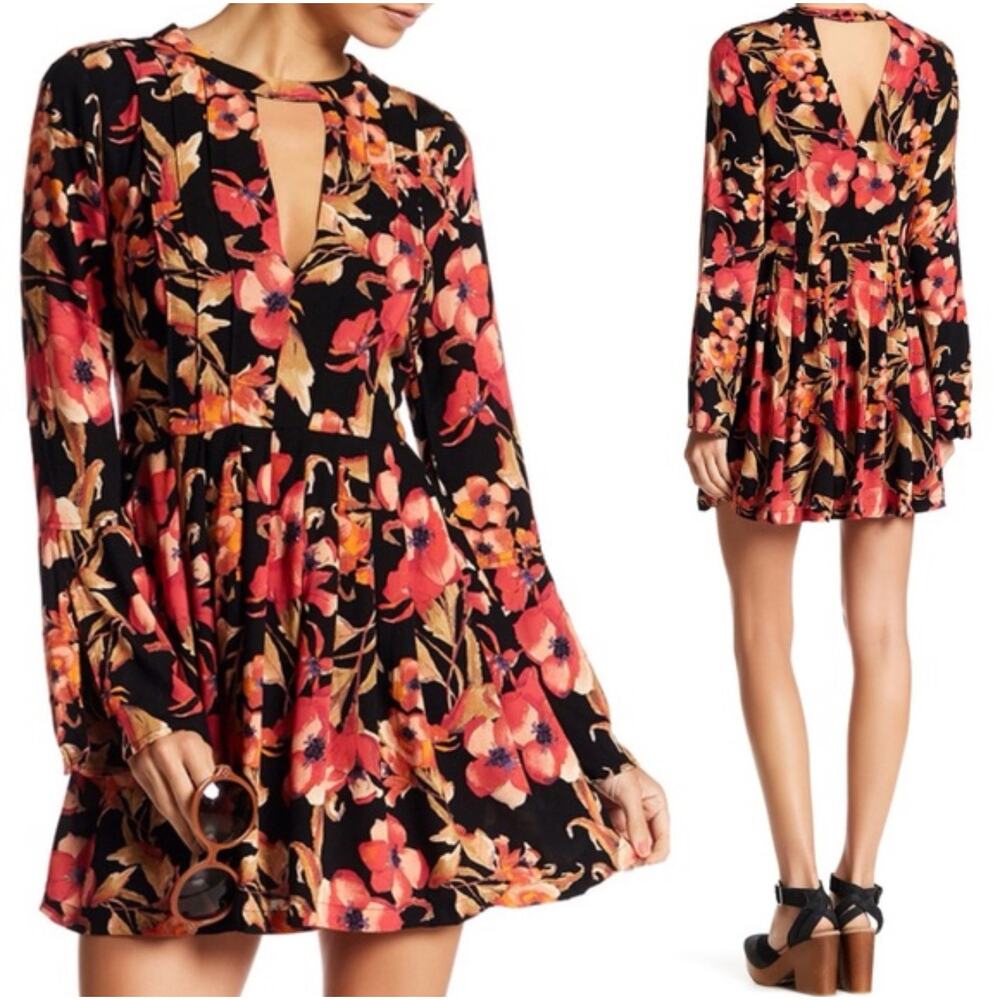 Free People Tegan Black Orange Floral Mini Dress Long Sleeves Keyhole Size 0